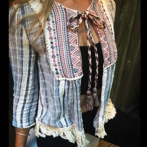 Embroidered Fringed Cardigan